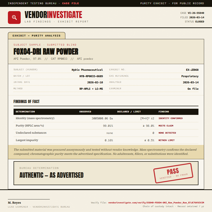FOXO4-DRI Raw Powder Purity (HPLC) report by VendorInvestigate