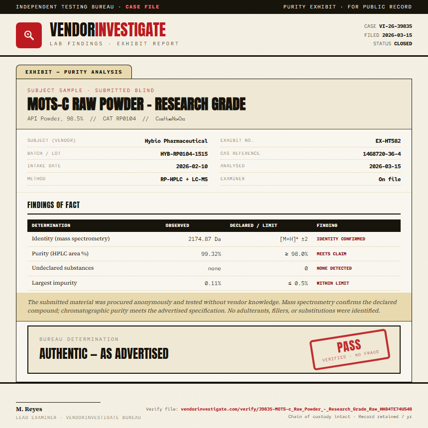 MOTS-c Raw Powder - Research Grade Purity (HPLC) report by VendorInvestigate