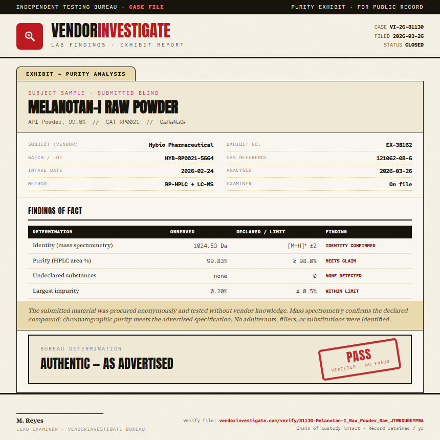 Melanotan-I Raw Powder Purity (HPLC) report by VendorInvestigate
