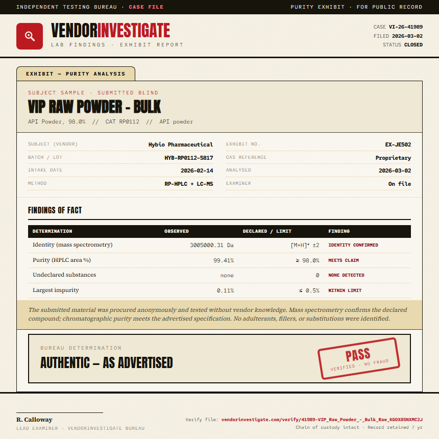 VIP Raw Powder - Bulk Purity (HPLC) report by VendorInvestigate